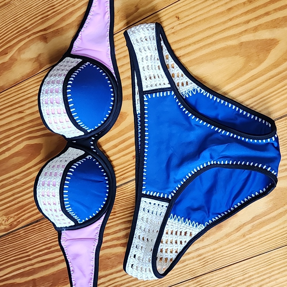 Victoria's Secret Pink Blue Cream Women's Crochet Bandeau Bikini Set 32D
